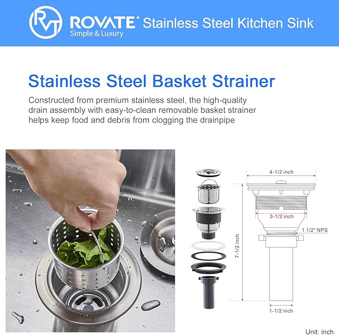 ROVATE 22 x 18 inch Kitchen Sink Undermount Single Bowl, 304 Stainless Steel Bar or Prep Kitchen Sink Handmade with Strainer