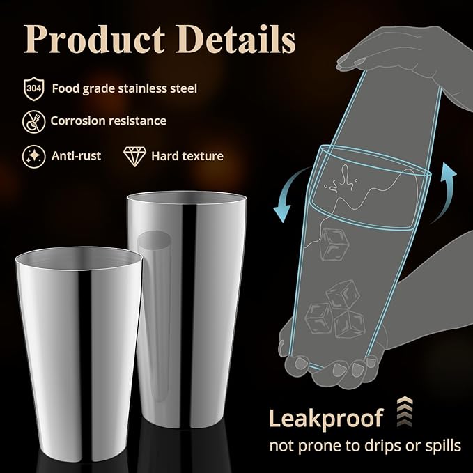 Stainless Steel Cocktail Shaker, 3-Piece Mixology Bartender kit, Bar Set with 18oz & 28oz Mixed Drink Shaker, Cocktail Tin Hawthorne Strainer