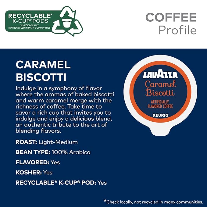 Lavazza Caramel Biscotti Coffee, Single Serve Keurig K-Cup Pods, Flavored Coffee, 60-Count Box (6 Packs of 10)