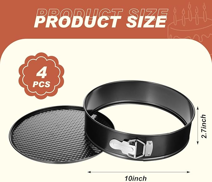 4 Pcs 10 Inch Non Stick Springform Pan with Removable Bottom Carbon Steel Round Springform Cheesecake Pan with Stainless Steel Spring Buckles for Baking Kitchens Restaurant(Black)