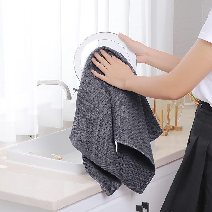 Homaxy 100% Cotton Waffle Weave Kitchen Dish Towels, Ultra Soft Absorbent Quick Drying Cleaning Towel, 13 x 28 Inches, 4-Pack, Dark Grey