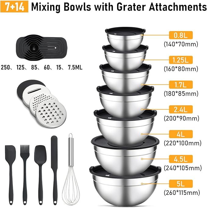Unokit Mixing Bowls with Lids Set - 7 Pcs Stainless Steel Mixing Bowls with 3 Grater Attachments, Mixing Bowl Set