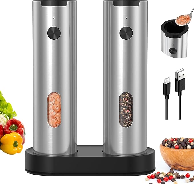 CIRCLE JOY Electric Salt and Pepper Grinder Set, Stainless Steel Rechargeable Pepper Mill Set with Charging Base, 110ML Top-Fill, Adjustable Coarseness, LED Light, One-Hand Operation, Gift Idea