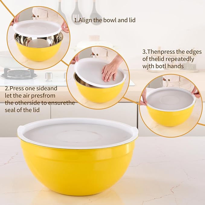 Yellow Mixing Bowls with Airtight Lids, Stainless Steel Nesting Mixing Bowls Set of 7, Ideal for Baking, Prepping and Serving Food, Size 7, 3.6, 2.7, 2.1, 1.5, 1.1,0.8 QT, Stackable Design