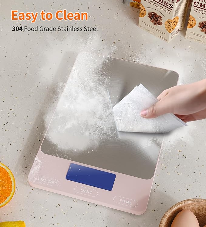 Food Scale -33lb Digital Kitchen Scale for Food Ounces Grams Rechargeable 306 Stainless Steel,Batteries and Type-C Charging | Perfect for Meal Prep, Cooking, and Baking, Pink