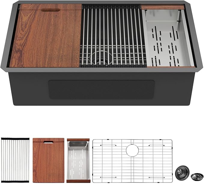 Mocoloo 33 Inch Undermount Kitchen Sink - 33 x 19 Black Stainless Steel Sinks Ledge Workstation 16 Gauge Deep Single Bowl Handmade NANO-PVD Under Counter Gunmetal Black Kitchen Sink