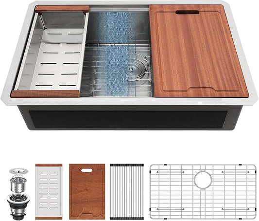 Lordear 33 Inch Undermount Kitchen Sink Honeycomb Finish 16 Gauge Stainless Steel Single Bowl Workstation Sinks Scratch Resistant Handmade Under Counter Sink Basin