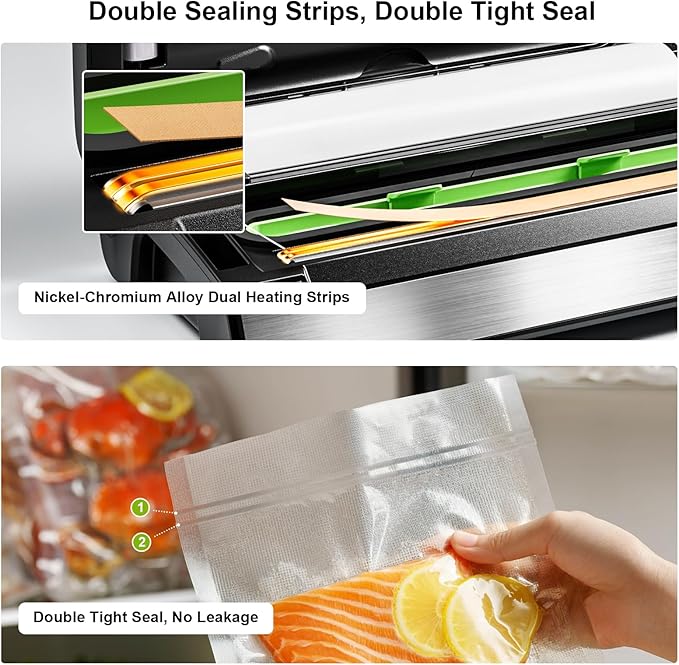 Vacuum Sealer Machine, 95kPa Food Sealer with Double Heat Seal for Dry/Moist Food, Easy-lock Handle, Built-in Bag Storage & Cutter, Progress Display, Removable Drip Tray, Silver