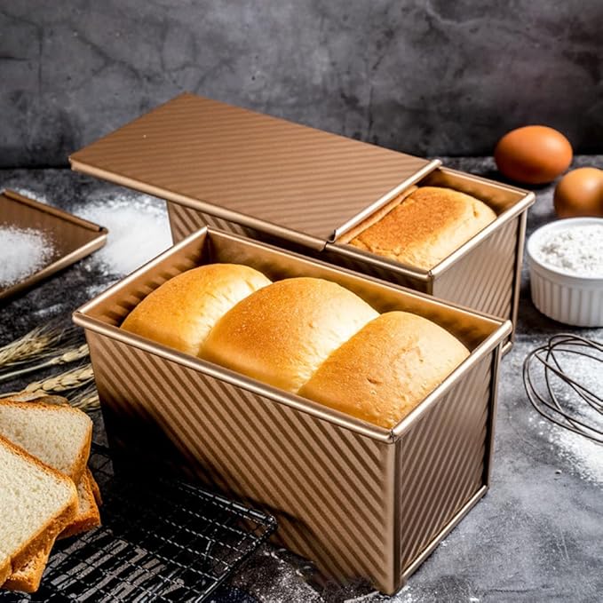 Pullman Loaf Pan with Lid, Non-Stick Bakeware Golden Corrugated Carbon Steel Bread Toast Box Mold with Cover for Baking Bread, 1 lb Dough Capacity