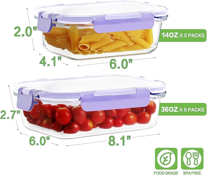 10 Pack Borosilicate Glass Meal Prep Containers with Locking Lids, Glass Food Storage Containers Set, Airtight Lunch Bento Boxes, BPA-Free & Leak Proof, 36oz & 14oz, Freezer, Oven Safe-Purple