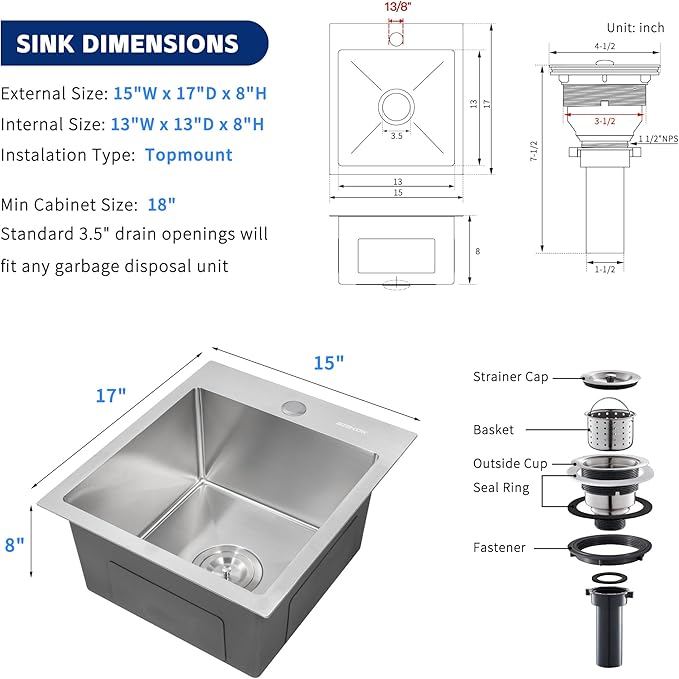 Kitchen Sink 15x17 Topmount Single Bowl Drop-in Sinks 304 Stainless Steel Handmade Home Bar Outdoor RV Sinks Brushed