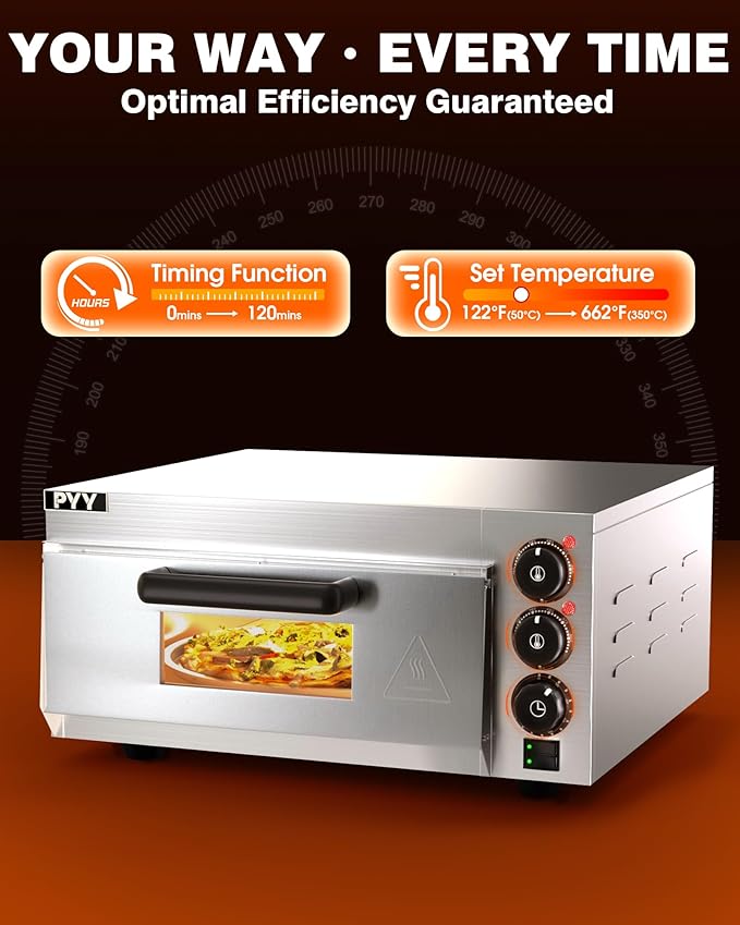 PYY Electric Pizza Oven - Indoor Countertop Pizza Ovens with Visual Window, 14 Inch 1800W Commercial Pizza Cooker with Pizza Stone and Timer, Silver