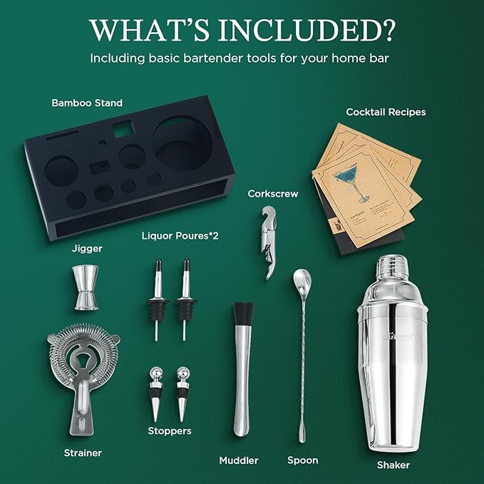 KITESSENSU Cocktail Shaker Set with Stand | Mixology Bartender Kit Bar Set with Essential Bar Accessories for Home Bar: Martini Shaker, Jigger, Muddler, Bar Spoon | Drink Mixer Cocktail Kit