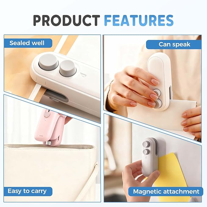 Mini Bag Sealer with Cutter and Magnet, 2026 New Portable Rechargeable Handheld Vacuum Food Sealer Bag Sealing Machine, Chip Bag Sealer for Chips Snacks Plastic Bags Fresh Storage (Black)