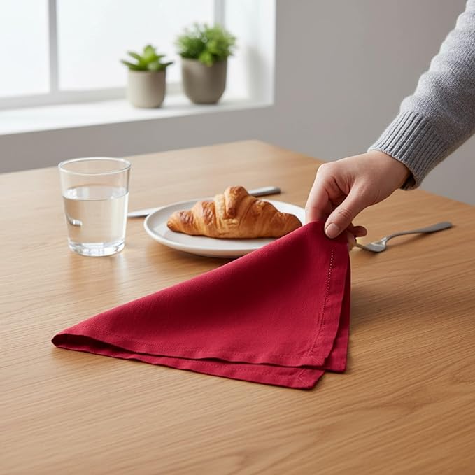 Hemstitched Linen Napkins – 20 Inch x 20 Inch – Stonewashed Pure Linen Cloth Dinner Napkins with Mitered Corners - 100% French Flax – Machine Washable - Set of 4 (Rich Red)