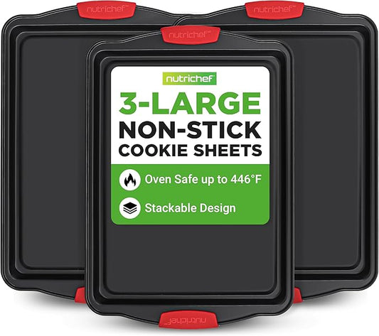 NutriChef 3-Piece Large Nonstick Cookie Sheets for Baking | Premium Food-Grade Carbon Steel, Non-Stick Tray Set with Silicone Handles, Oven Safe up to 446°F | Easy to Clean, 17.2 x 11.8 x 0.7 Inch