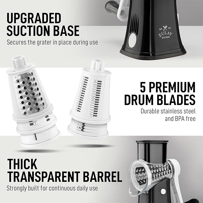 Zulay Kitchen Rotary Cheese Grater 5 Blade Cheese Shredder - Manual Hand Crank Cheese Grater With Reinforced Suction & 5 Interchangeable Drums - Easy to Use, Vegetable Chopper Round Mandoline Slicer
