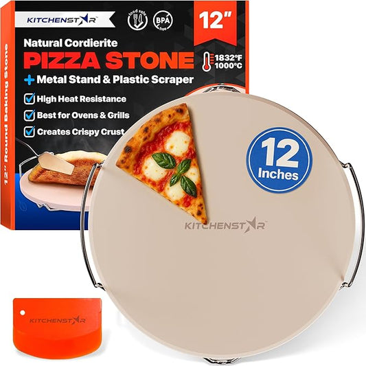 KitchenStar 12-inch Pizza Stone for Oven and BBQ Grill with Handles, Round, 5/8" Thick - Natural Cordierite, 1800 °F Resistant, Baking Stone Set with Stainless Steel Rack & Plastic Scraper Tool