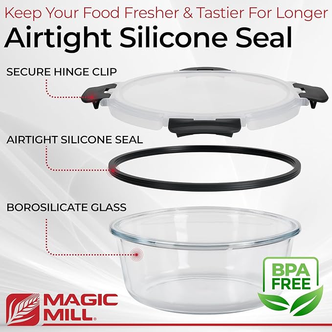 Magic Mill Premium Borosilicate Glass Food Storage Containers with lids Set | 24pc Sets with 12 Bowls & 12 Airtight Locking Lids for Lunch & Meal Prep, Safe for Oven, Freezer, Dishwasher, BPA-Free