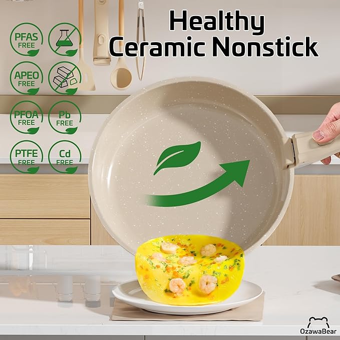 23 Pcs Pots and Pans Set Non Stick, Ceramic Cookware Set Non Toxic with Detachable Handles, Healthy Induction Cookware Oven Safe RV Kitchen Set, PFAS PFOA & PTFE Free, Taupe