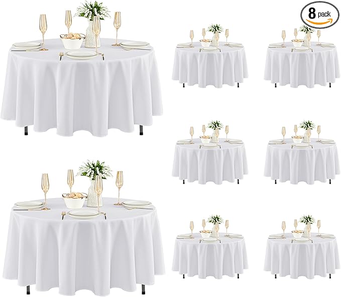 Fitable 8 Pack Round Tablecloths: Stain Resistant Wrinkle Free Circle Table Clothes, Washable Reusable Polyester Table Covers for Wedding Party Birthday Banquet Reception(White, 84 Inch)