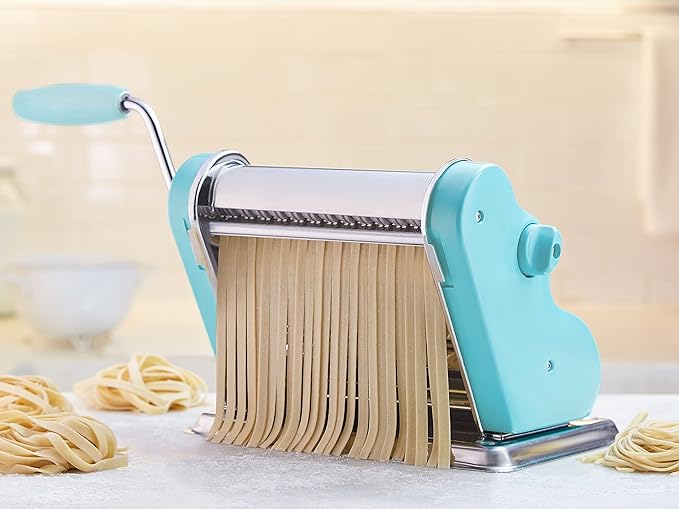 PASTALINDAClassic 200 Pasta Maker Machine, 20 cm Wide Rollers, 9 Thickness Positions, 2 Cutting Positions, Stainless Steel. Includes Reinforced Hand Crank And Two Clamps (Acqua)