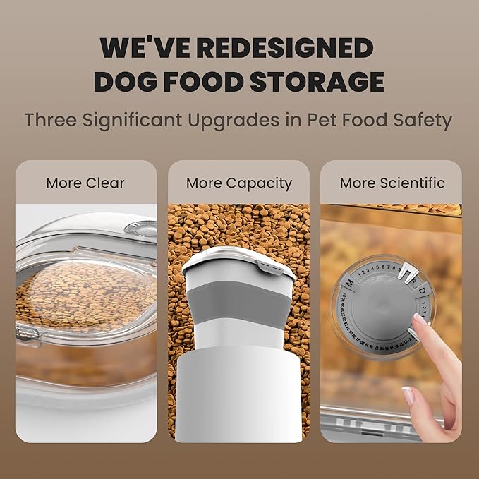 32-35 Lbs Dog Food Storage Container,Collapsible Dog Food Container with Transparent Airtight Lid,Wheels,Date Track,Pet Food Storage Container for Rice,Flour,Sugar,Scoop And 2PCS Containers