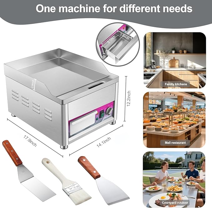 Mvegoiuok Commercial Electric Griddle 14 Inch Stainless Steel Table Top Griddle 1800W Indoor Grill Electric Flat Top Grill Smokeless