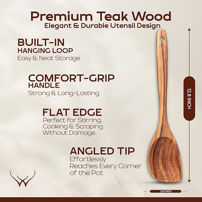Corner Wooden Spoon for Cooking 12” Long Handle - Cooking Utensils Set for Women & Chefs, Elegant Wooden Kitchen Utensil Set with Rest, Essential Wooden Utensil Set for Kitchen & Perfect Gifts