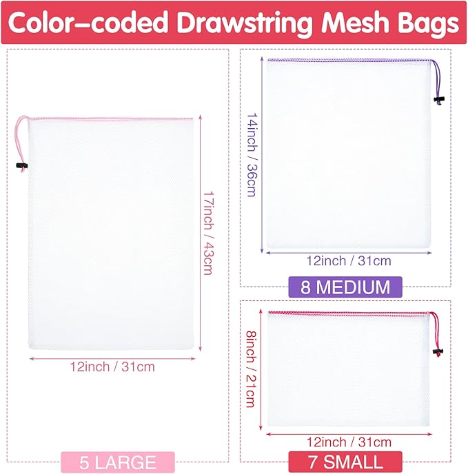 Frienda 20 Pcs Mesh Bags for Toys Storage 3 Sizes Reusable Produce Bags with Drawstring for Beach Bath Pool Toy Organizer, Fruits Vegetable Grocery Playroom Storage(Pink, Purple, Rose Red)