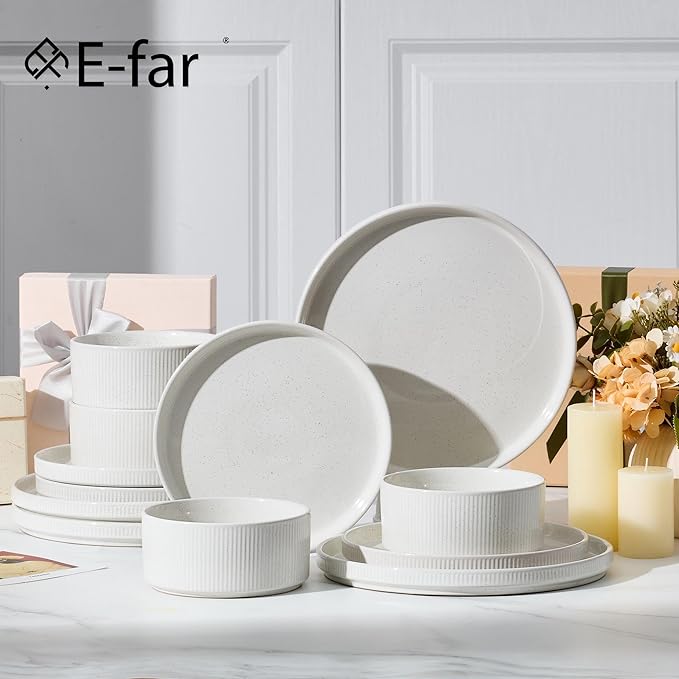 E-far 24-Piece Stoneware Dinnerware Sets, Plates and Bowls Sets for 8, Kitchen Modern Dinning Porcelain Dishes Set, Chip & Scratch Resistant, Dishwasher & Microwave Safe, Speckled White