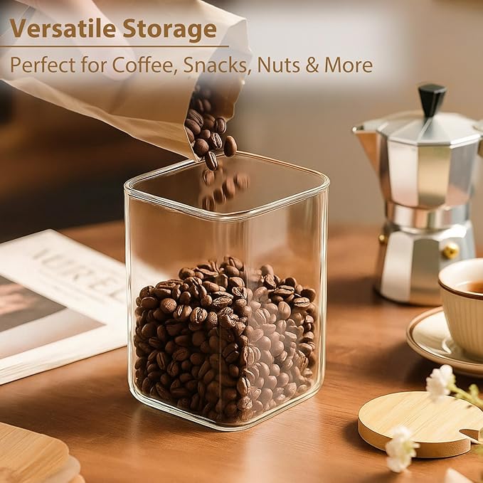 37oz(1.2Qt) Square Glass Storage Containers with Bamboo Lids – 4 Pack Clear Food Airtight Glass Jars for Pantry Organizers and Storage, Kitchen Dry Food, Coffee, Sugar, Flour, Snacks, Spices