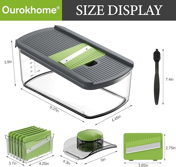 Ourokhome Mandolin Slicer for Kitchen Food, Hand Safe Vegetable Shredder with 6 Mandoline Blades, Veggie Waffle Cutter for Potato, Carrot, Zucchini, Onion, Essential Kitchen Gadgets (6 in 1, Gray)