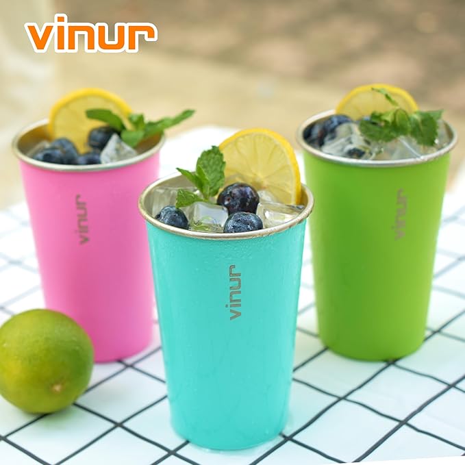 VINUR 4 Pack Stainless Steel Cups 16 oz Pint Tumbler Stackable Metal Drinking Glasses for Travel, Camping, Outdoors (Sky Blue-Orange-Hot Red-Apple Green)