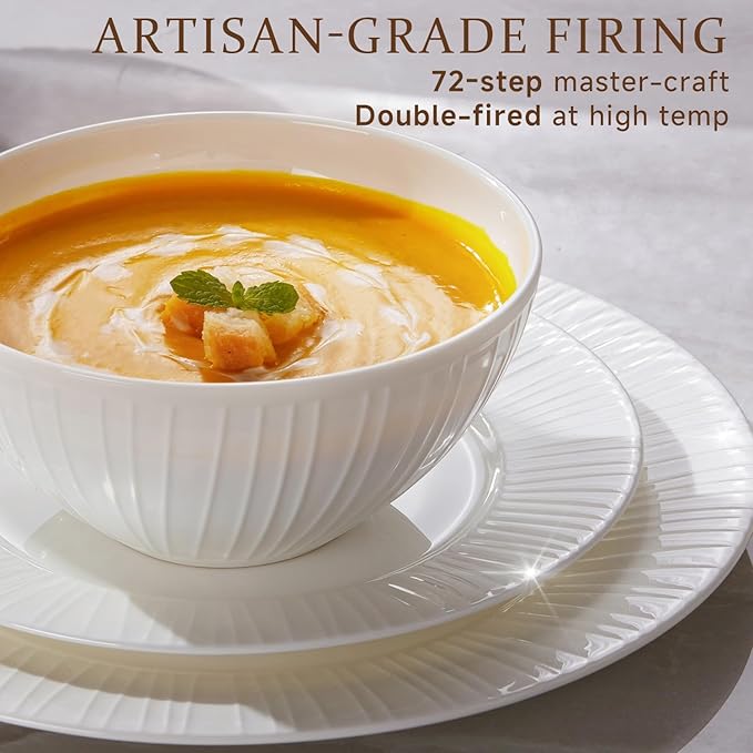 KINGSTONE Bone China Dinnerware Set, 18-Piece White Lightweight Porcelain with Textured Design Service for 6, Plates, Bowls, for Family Dining, Restaurants, Gifting，Microwave and Dishwasher Safe