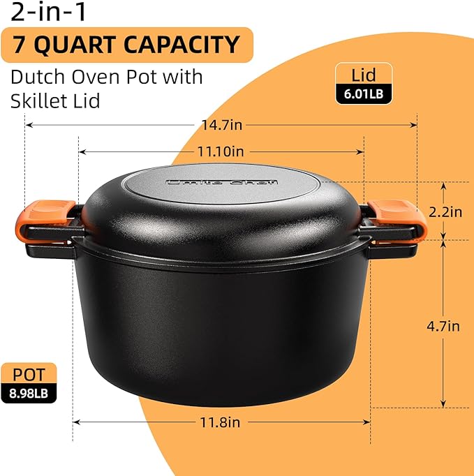 2-in-1 Pre-Seasoned Cast Iron Double Dutch Oven Pot with Skillet Lid & Silicone Sleeves – Raised Rib Skillet Lid– Umite Chef 7QT Cast Iron Skillet Cookware Pan Set wirh Dual Handles – Oven, Grill, Campfire & Stovetop Safe –PFAS-Free