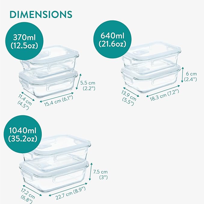 Navaris Glass Food Storage Containers with Lids - Set of 6, Airtight & Lockable - Reusable Meal Prep Containers for Lunch, Leftovers & Picnic - Microwave, Dishwasher & Oven Ready