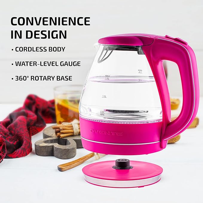 OVENTE Electric Kettle, 1.5L Borosilicate Glass Countertop Water Heater and Boiler for Coffee or Tea, BPA-Free, Auto Shut-Off, Boil-Dry Protection, Removable and Washable Spout Filter, Pink KG83F