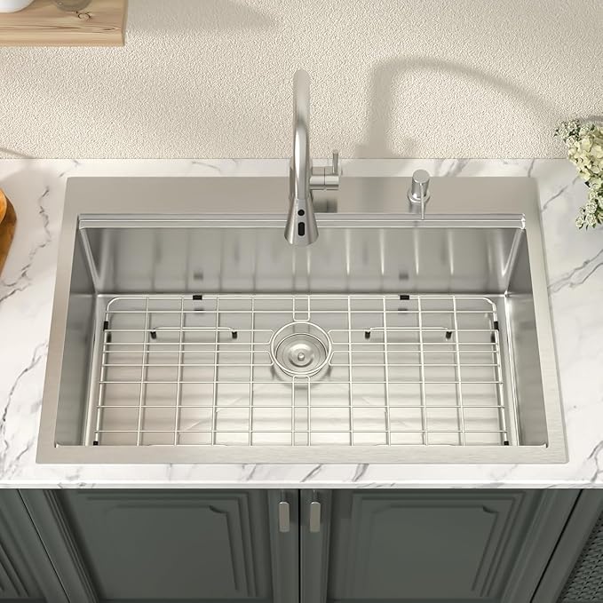 Lordear 33 Drop In Kitchen Sinks Worktation - 33x19 Drop Kitchen Sink 16 Gauge 304 Stainless Steel Single Bowl Over Counter Handmade Sink Basin With Built-in Accessories