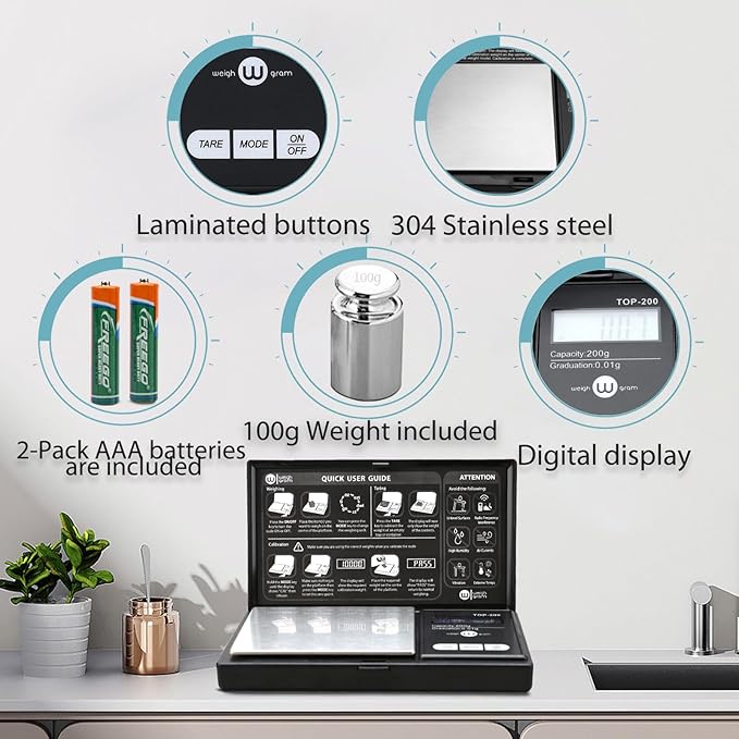 Weigh Gram 200g Digital Pocket Gram Scale 0.01g Accuracy, 200g x 0.01g Mini Digital Grams Scale, Small Food Scale, Jewelry Scale, Ounces Grains Scale With100g Calibration Weight