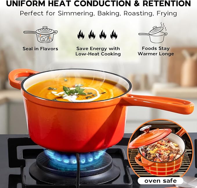 Onader 2 Quart Saucepan with Lid, Enameled Cast Iron Sauce Pan, Small Cooking Sauce Pot, Enamel Dutch Oven Pot Nonstick – Sunset Orange