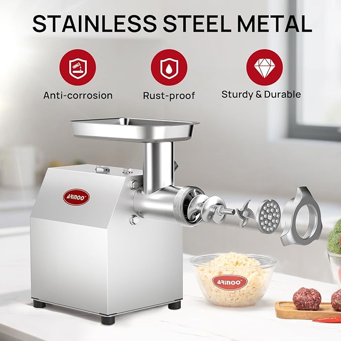 Electric Meat Grinder #8, 0.6 HP Heavy Duty Stainless Steel Meat Mincer, 1500W Max, Includes 2 Blades, 2 Plates & 3 Sausage Stuffing Tubes, Meat Grinder for Home Kitchen & Restaurant Use