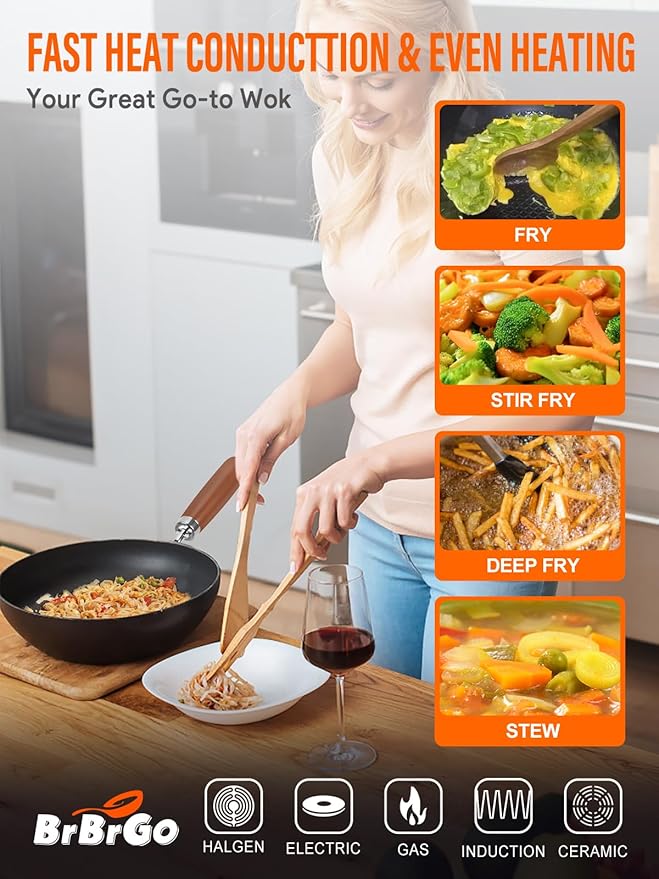 Carbon Steel Wok, 10.5" Wok Pan Set With Lid, Stir-Fry Pans Set, 1.65lb Lightweight Flat Bottom Small Wok