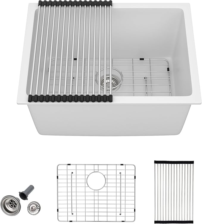 24 Undermount Laundry Sink - Fulorni 24"x18" Laundry Room Utility Sink White Granite Composite Quartz Classic 12 Inch Deep Single Bowl Under Counter Basin