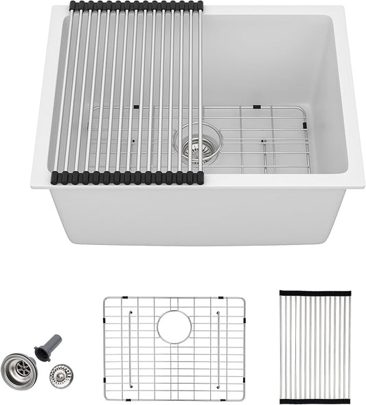 24 Undermount Laundry Sink - Fulorni 24"x18" Laundry Room Utility Sink White Granite Composite Quartz Classic 12 Inch Deep Single Bowl Under Counter Basin