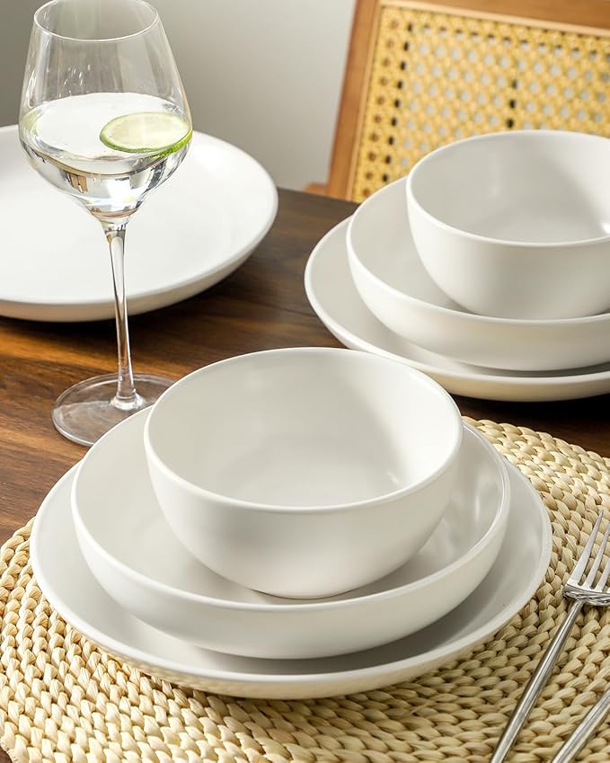 Stoneware plates and bowls sets, 12 Pieces Dinnerware Sets, Dishes Set for 4,Kitchen Essential of Scratch-Resistant Ceramic Plates Set, Microwave and Dishwasher Safe Tableware- Matte white