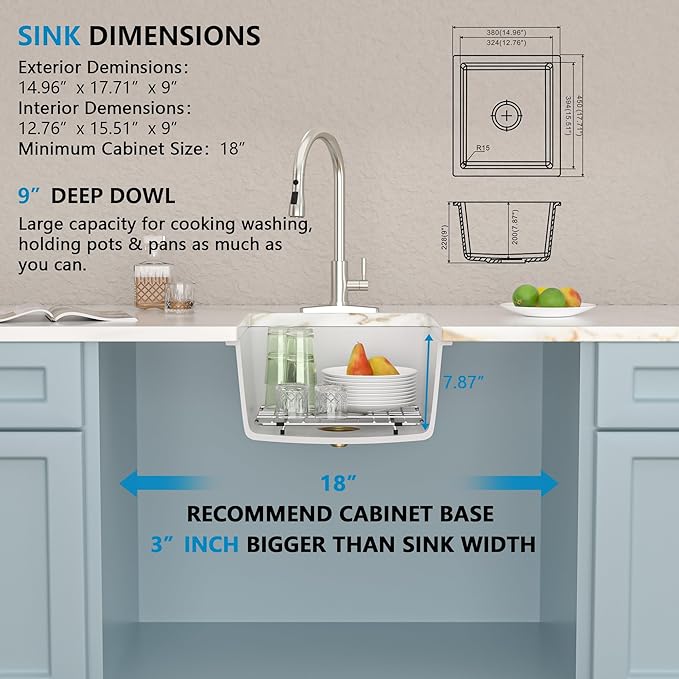 15"x18" Undermount Bar Prep Sink – White Granite Composite Quartz Classic Under Counter Single Bowl Sink Basin for Wet Bar, RV, Small Kitchen, Mobile Home