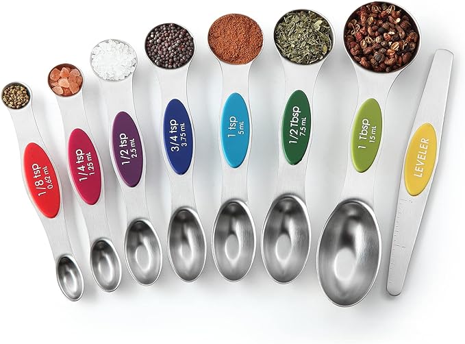 Spring Chef Multicolor Stainless Steel Magnetic Measuring Spoons Set of 8 with Leveler, Nesting Metal Teaspoon & Tablespoon Measuring Spoons, Kitchen Gadgets for Baking & Cooking - 2 Pack