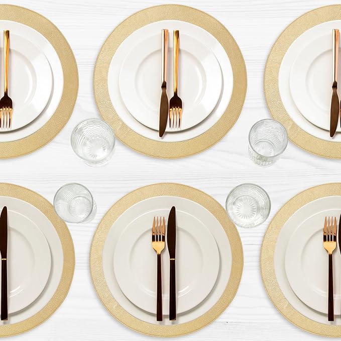 Placemats Set of 6 – Round 15” Faux Leather Table Mats for Dining, Heat Resistant & Non-Slip Washable Table Decor, Indoor, Outdoor, Dining Table Set for 6, Modern Kitchen & Holiday Use, Gold