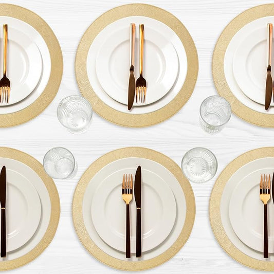 Placemats Set of 6 – Round 15” Faux Leather Table Mats for Dining, Heat Resistant & Non-Slip Washable Table Decor, Indoor, Outdoor, Dining Table Set for 6, Modern Kitchen & Holiday Use, Gold